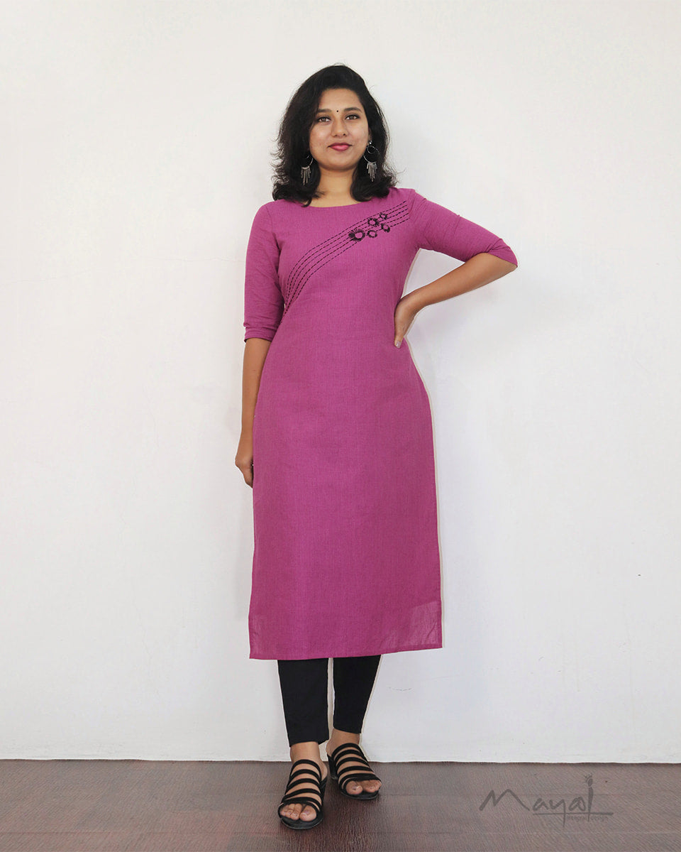 Magenta Pink Kurta With Minimal Embroidery