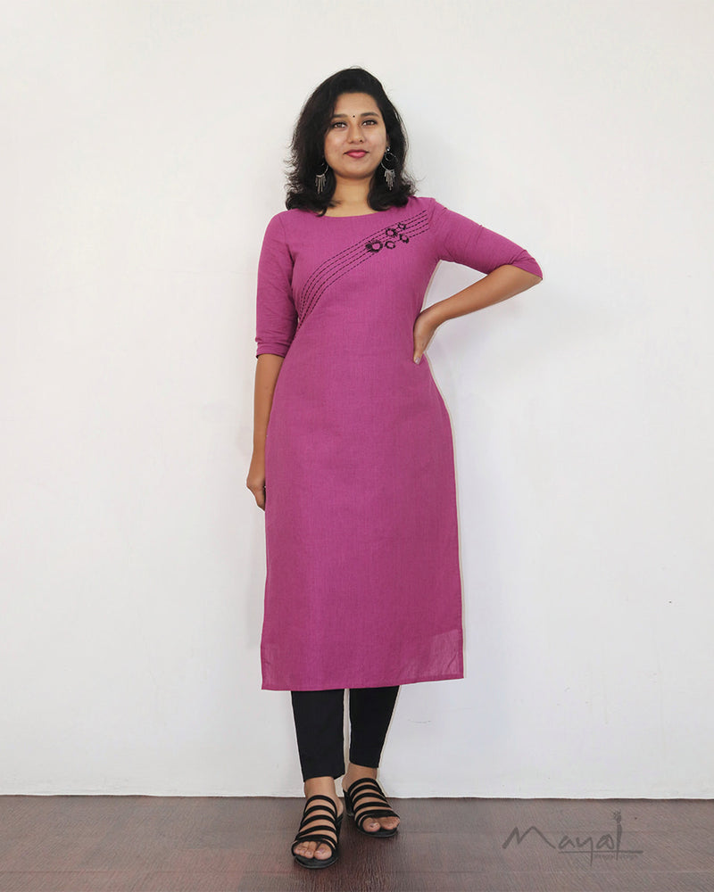 Magenta Pink Kurta With Minimal Embroidery