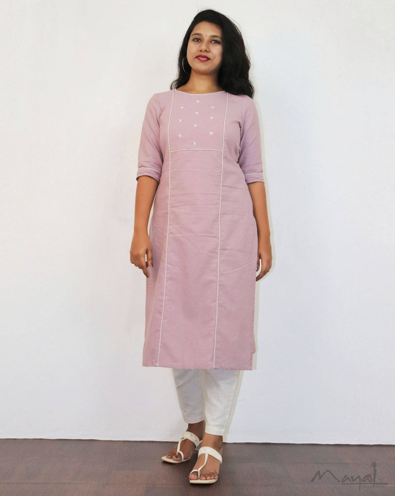 Mauve Cotton Kurta With Minimal Embroidery