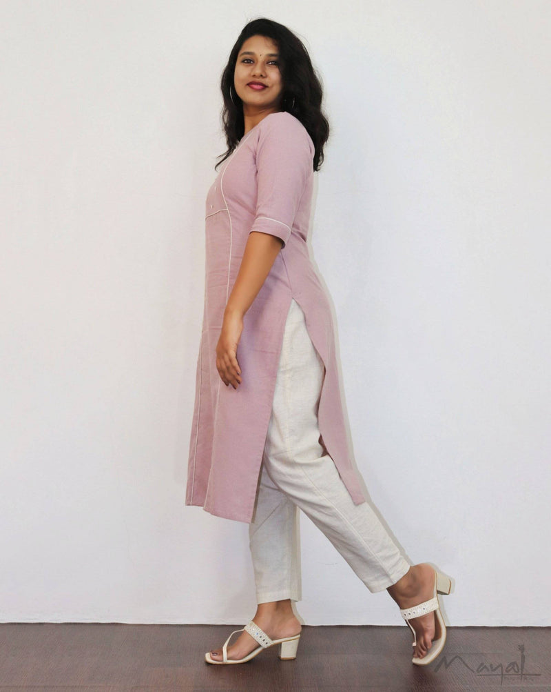 Mauve Cotton Kurta With Minimal Embroidery