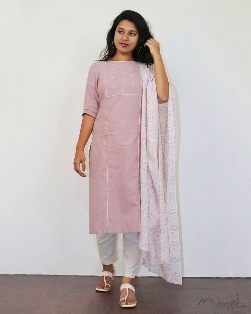 Mauve Cotton Kurta With Minimal Embroidery