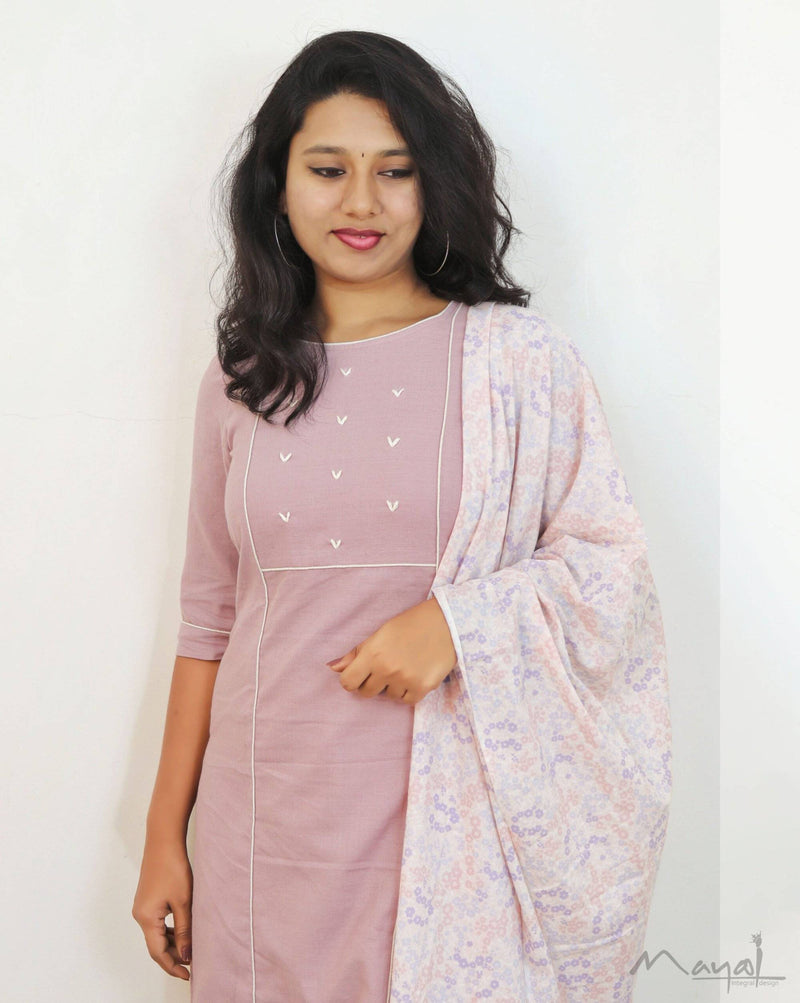 Mauve Cotton Kurta With Minimal Embroidery