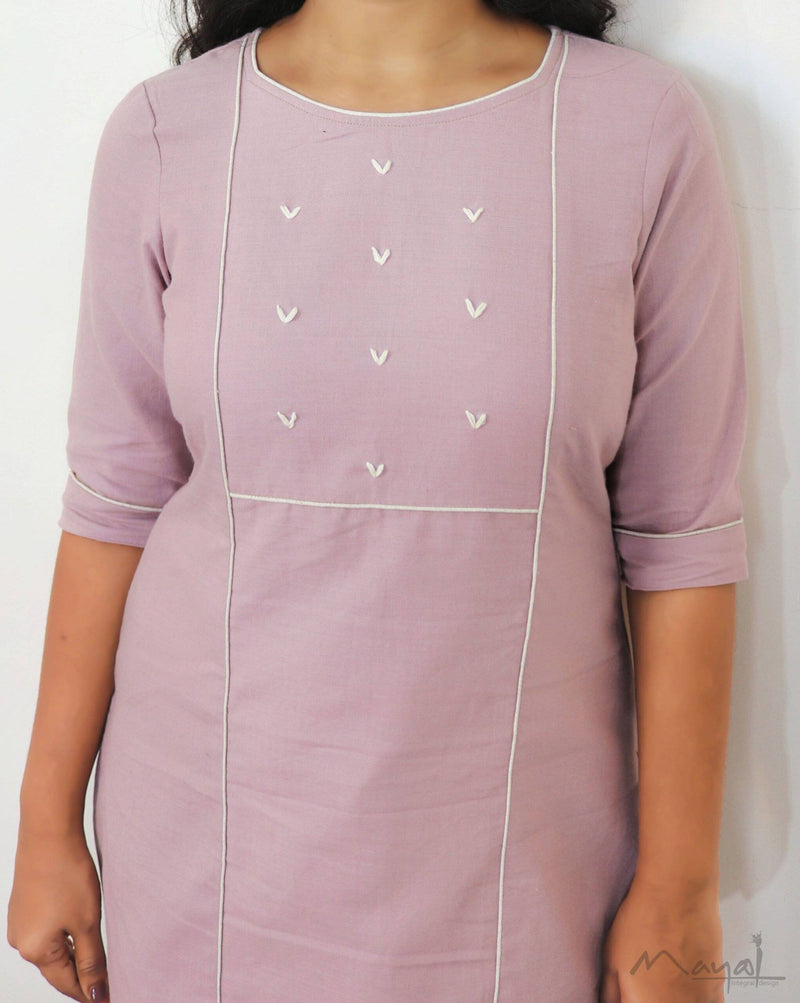 Mauve Cotton Kurta With Minimal Embroidery