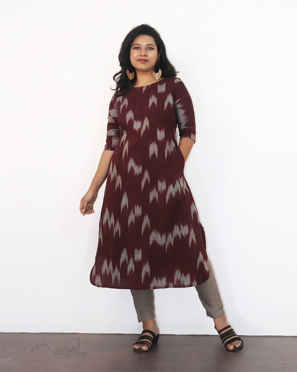 Maroon Patterned A-line Cotton Kurta