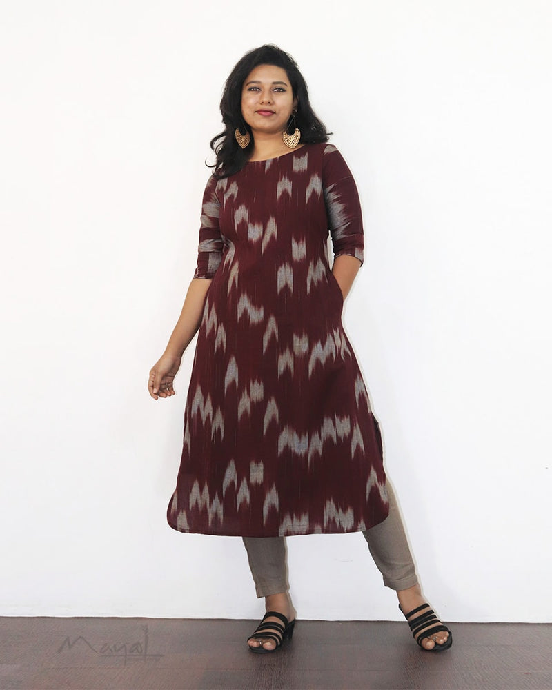 Maroon Patterned A-line Cotton Kurta