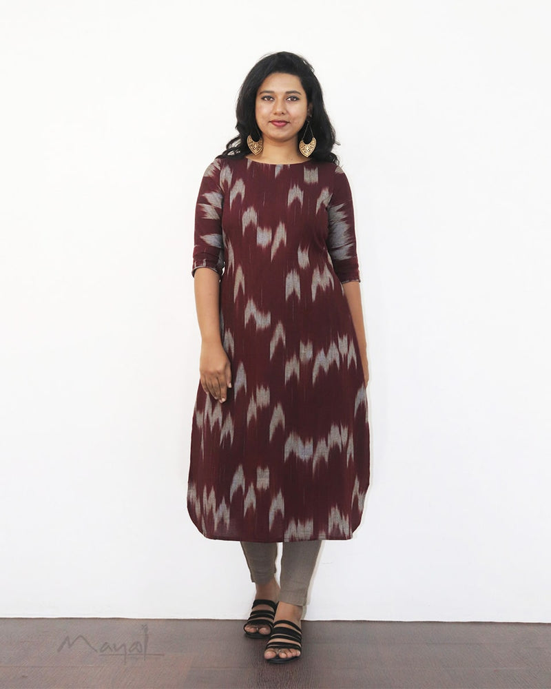 Maroon Patterned A-line Cotton Kurta