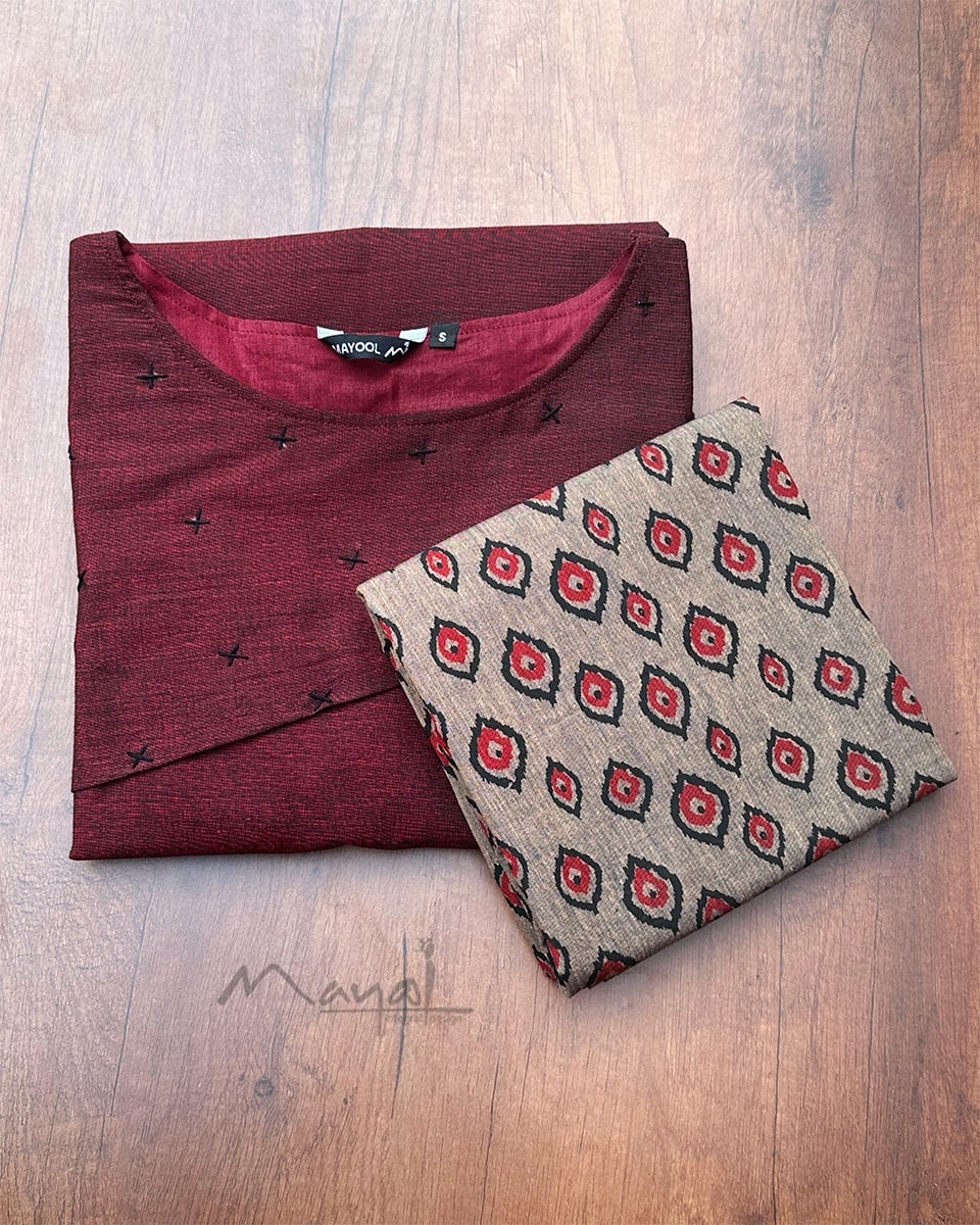 Maroon Cotton Kurta With Minimal Embroidery