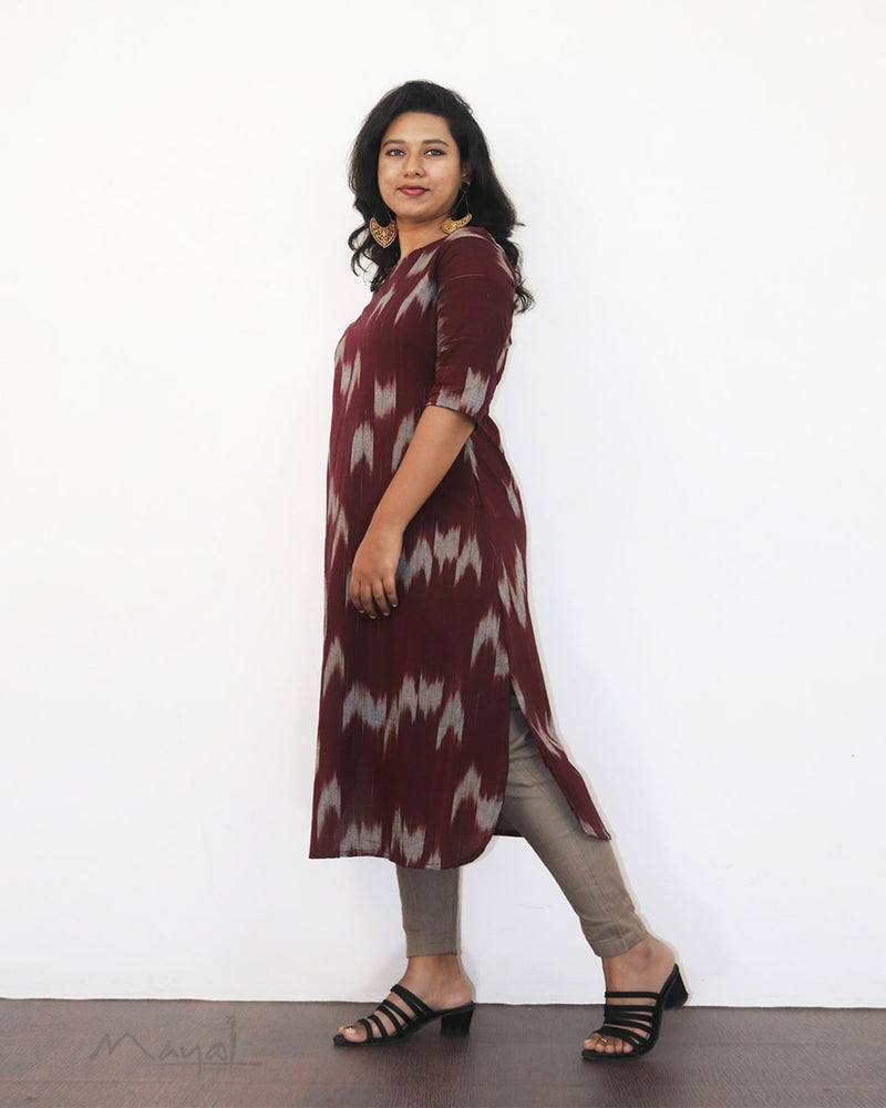 Maroon Patterned A-line Cotton Kurta