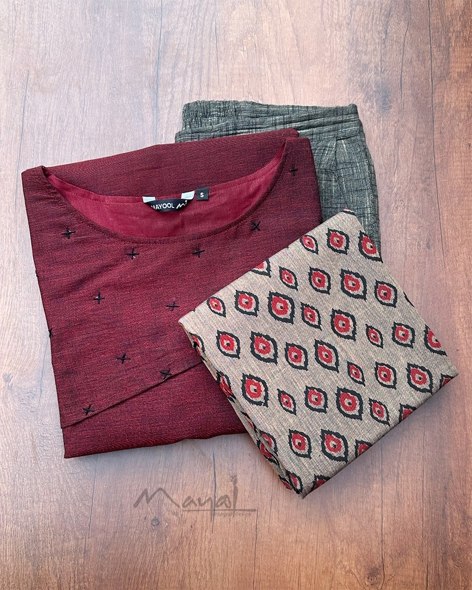 Maroon Cotton Kurta With Minimal Embroidery