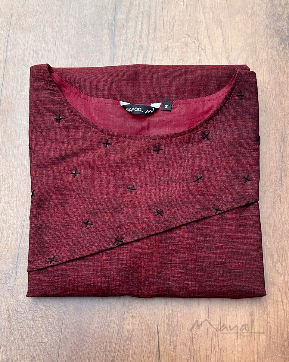 Maroon Cotton Kurta With Minimal Embroidery