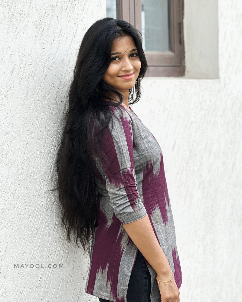 Maroon Pattern Cotton Short Kurta