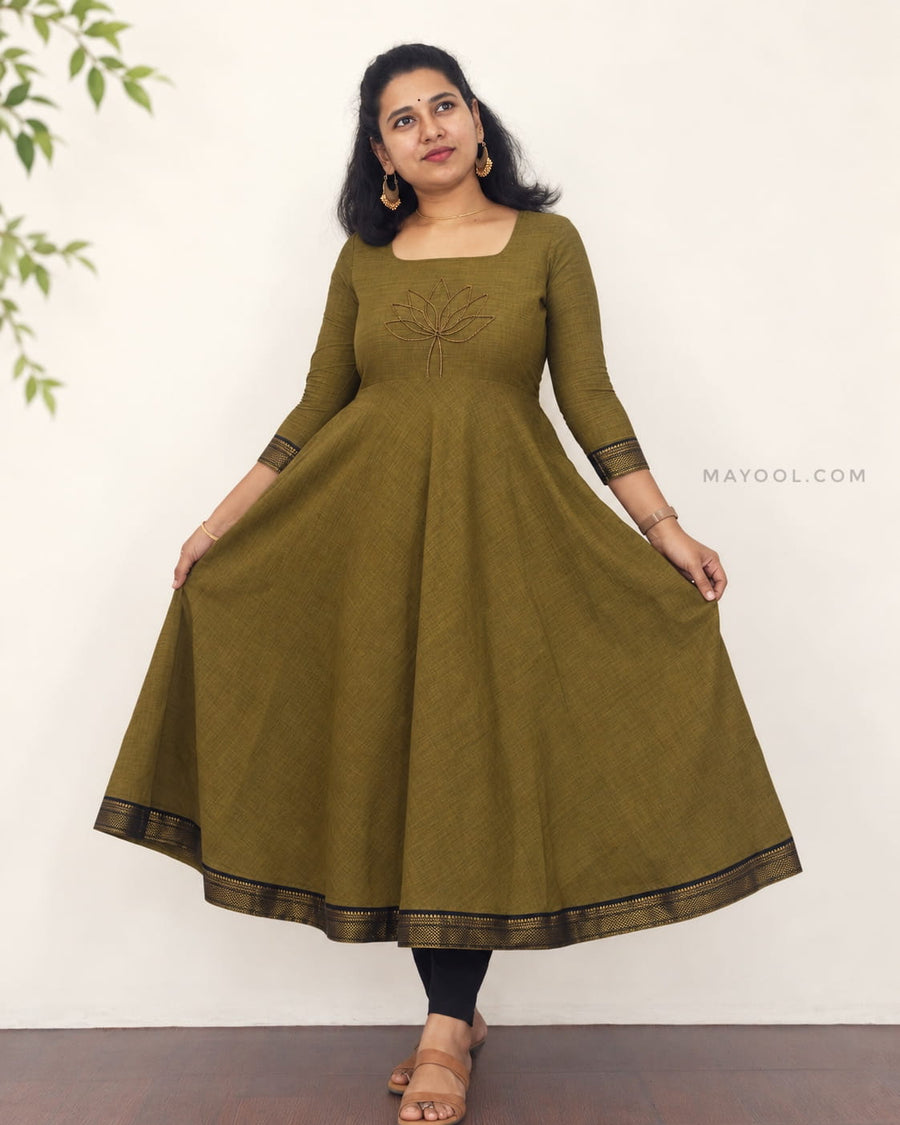 Mehendi Green Traditional Cotton Anarkali Dresses