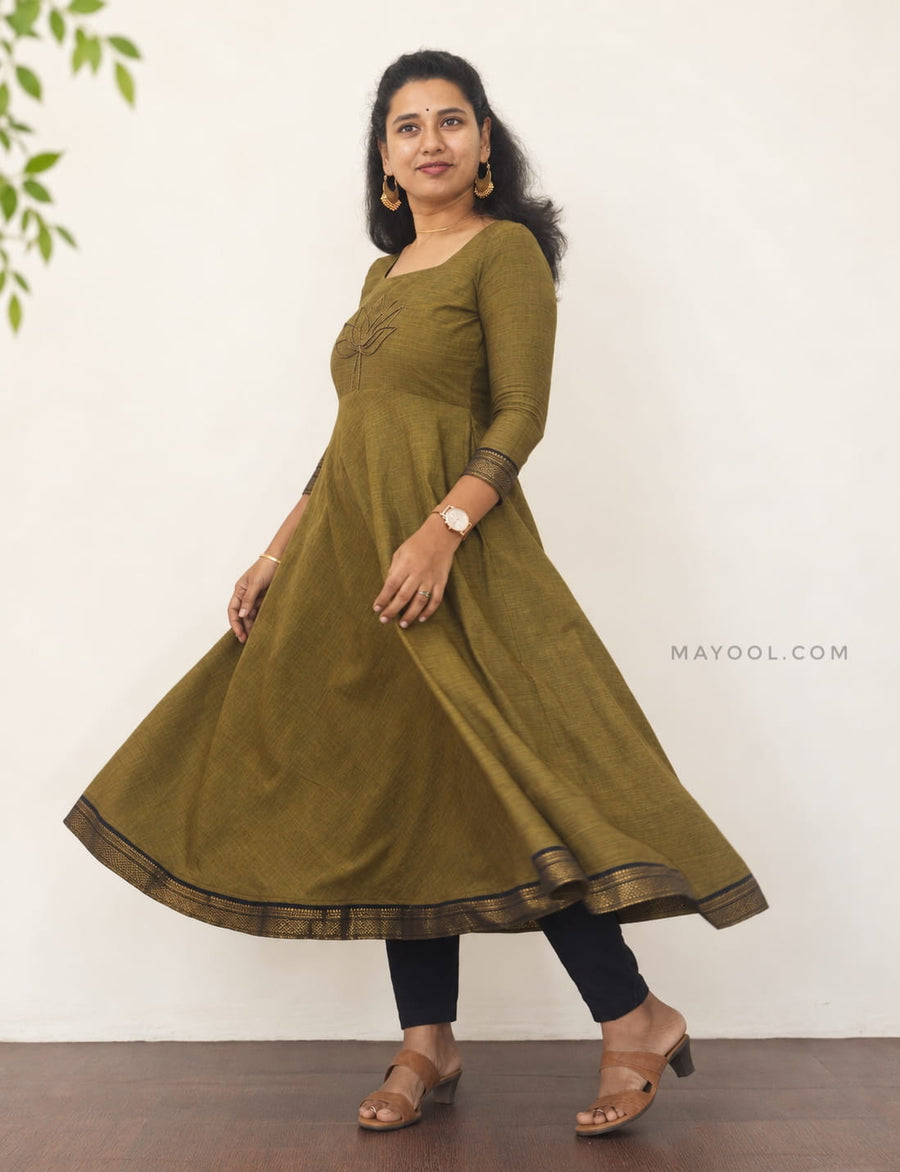 Mehendi Green Traditional Cotton Anarkali Dresses
