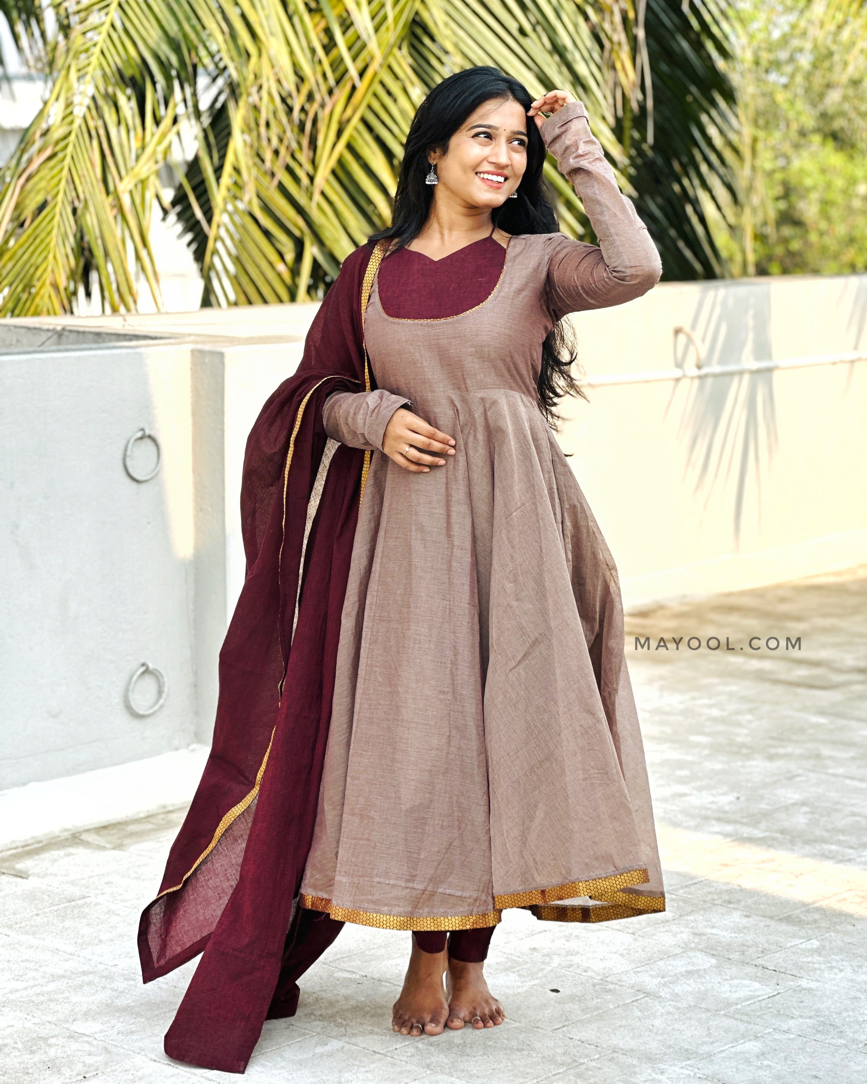 Mink Brown Chettinad Cotton Anarkali Dresses