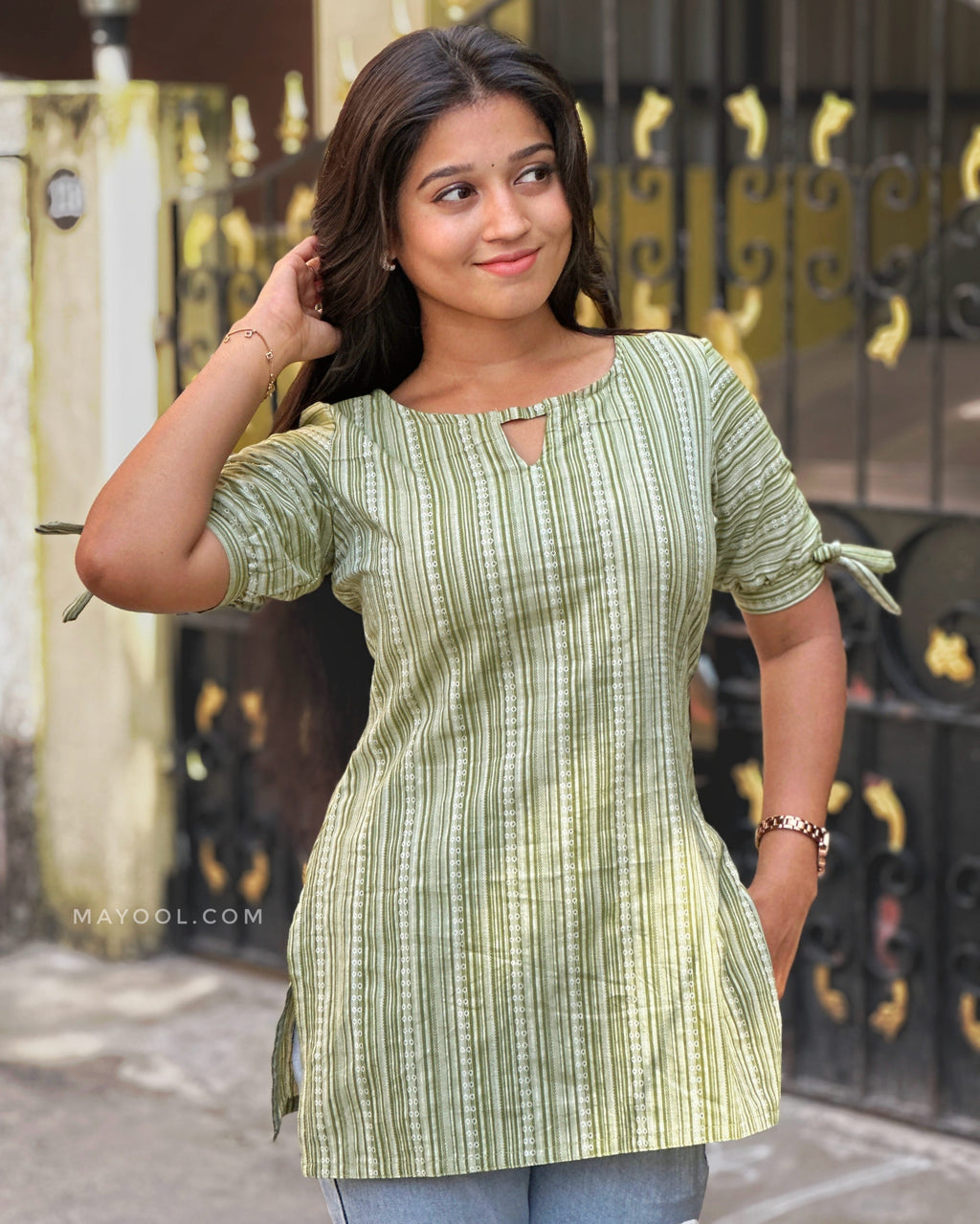 Moss Green Stripe Cotton Short Kurta