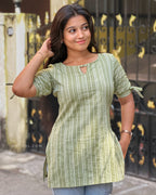 Moss Green Stripe Cotton Short Kurta