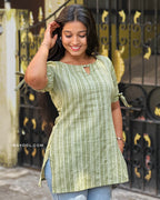 Moss Green Stripe Cotton Short Kurta