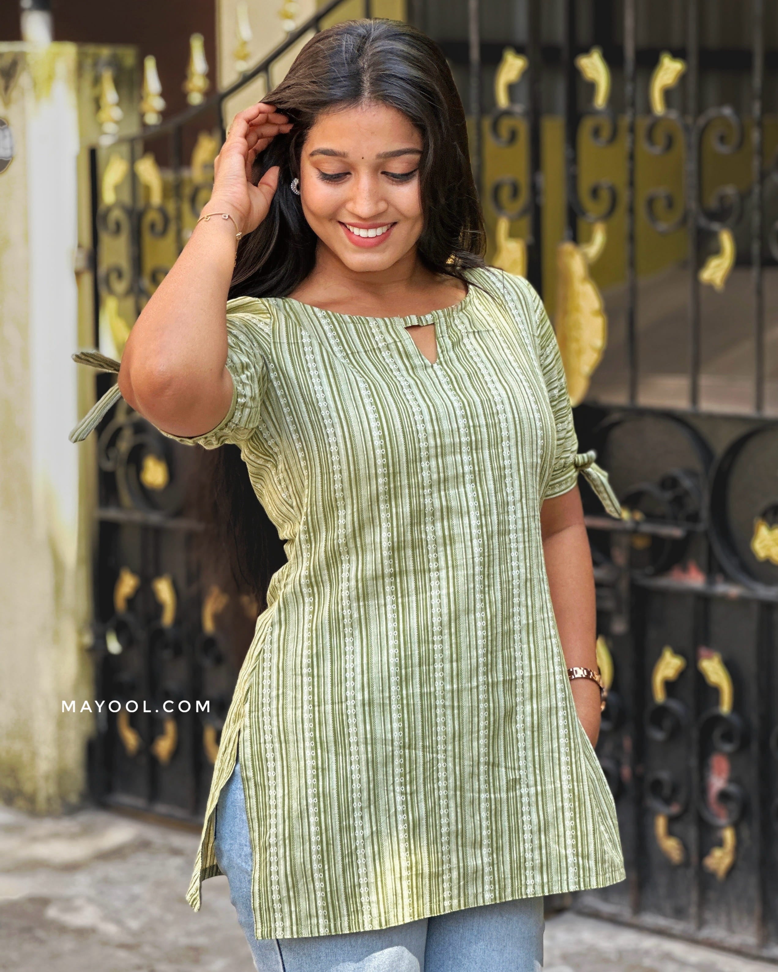 Moss Green Stripe Cotton Short Kurta