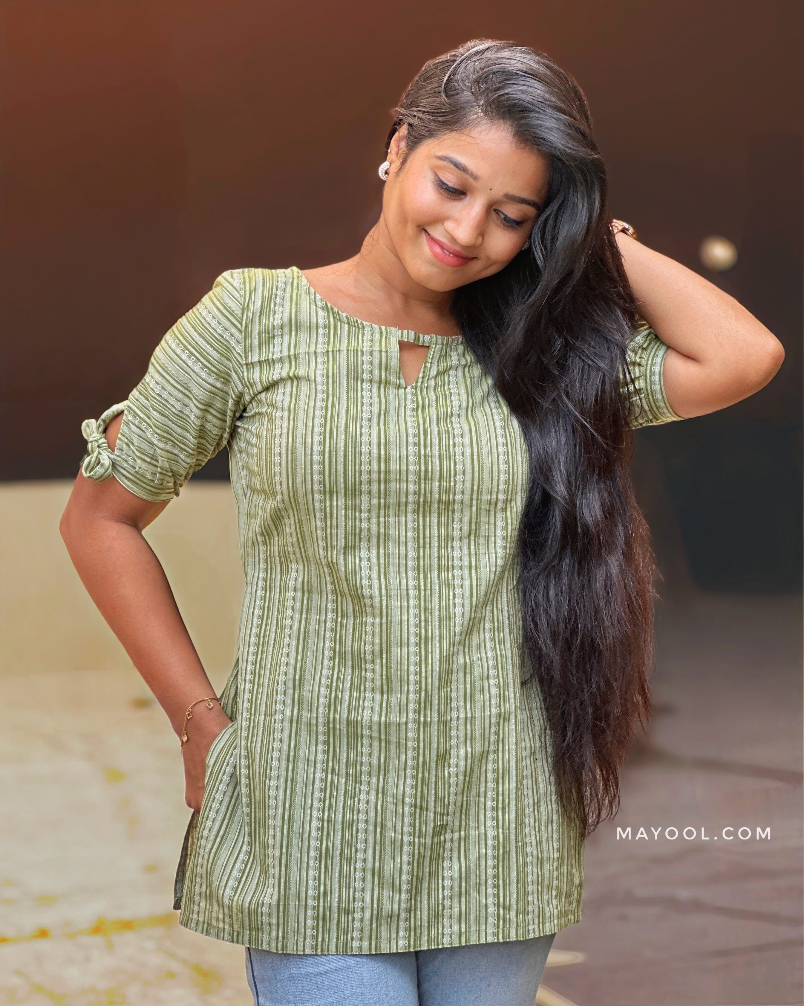Moss Green Stripe Cotton Short Kurta