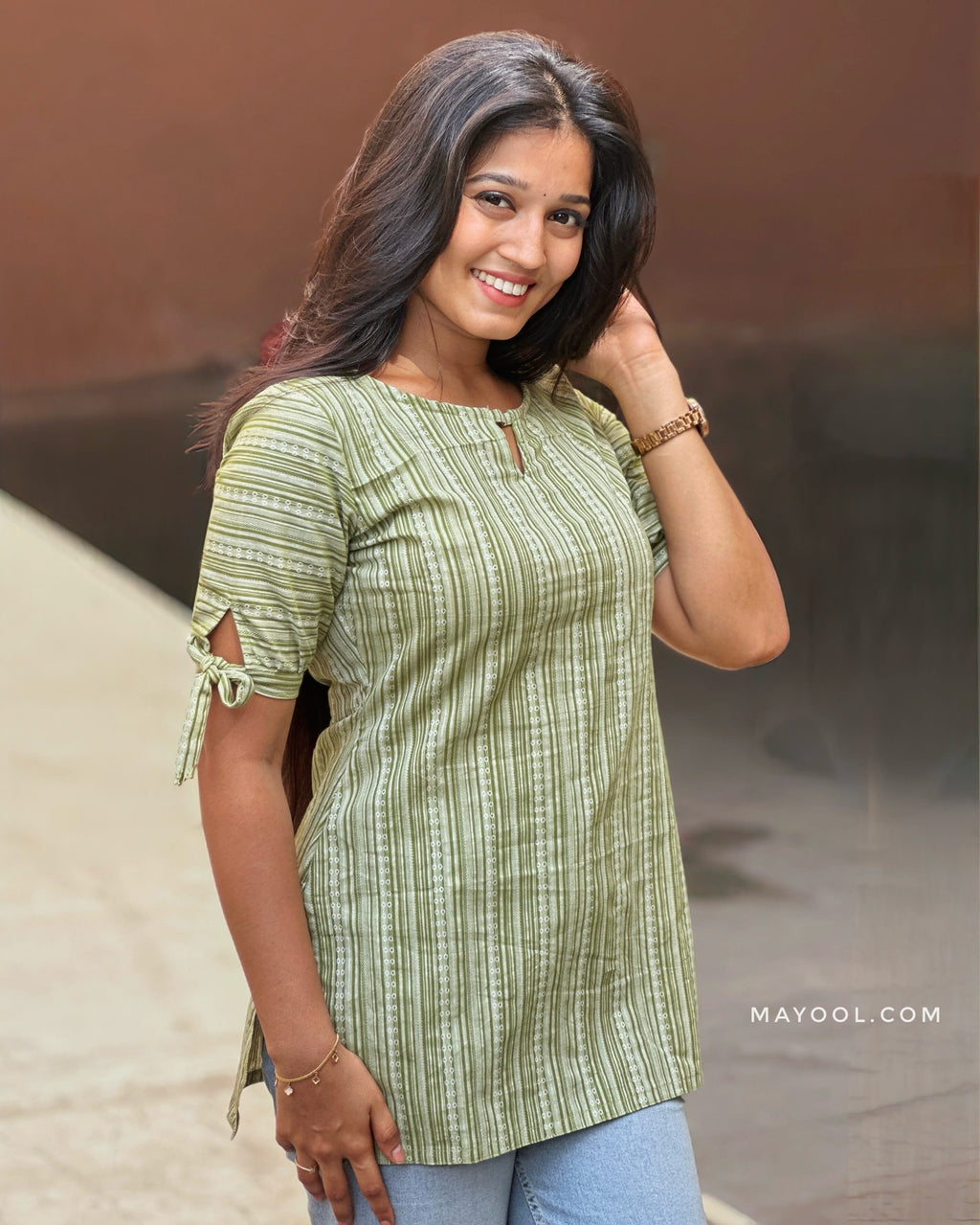 Moss Green Stripe Cotton Short Kurta