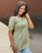 Moss Green Stripe Cotton Short Kurta