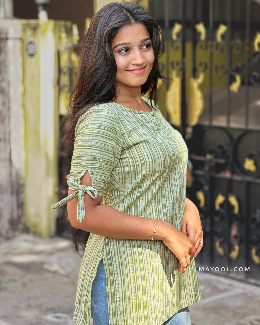 Moss Green Stripe Cotton Short Kurta