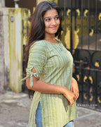 Moss Green Stripe Cotton Short Kurta