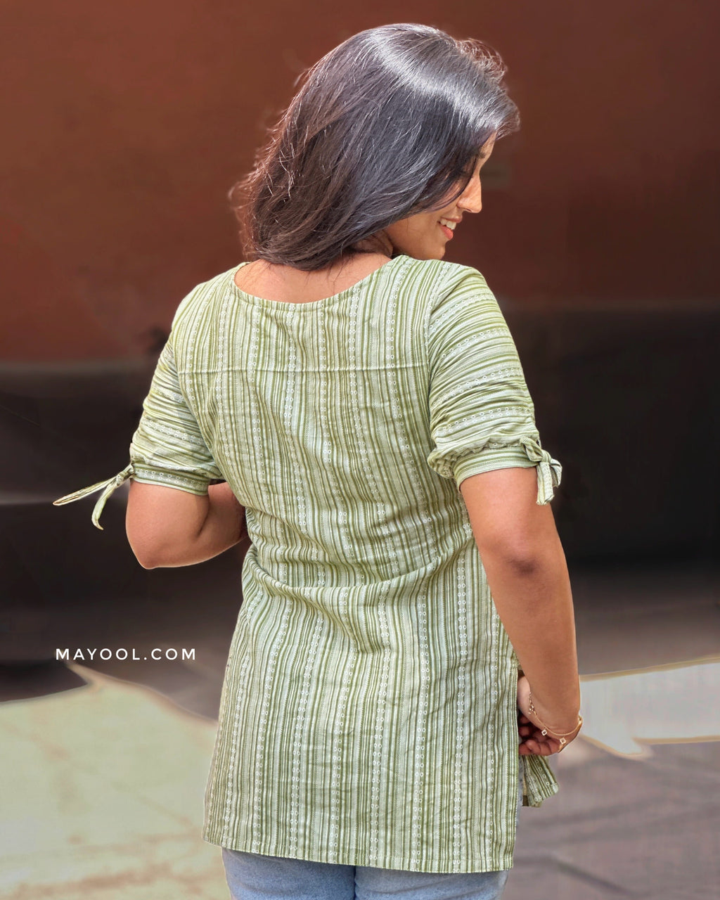 Moss Green Stripe Cotton Short Kurta