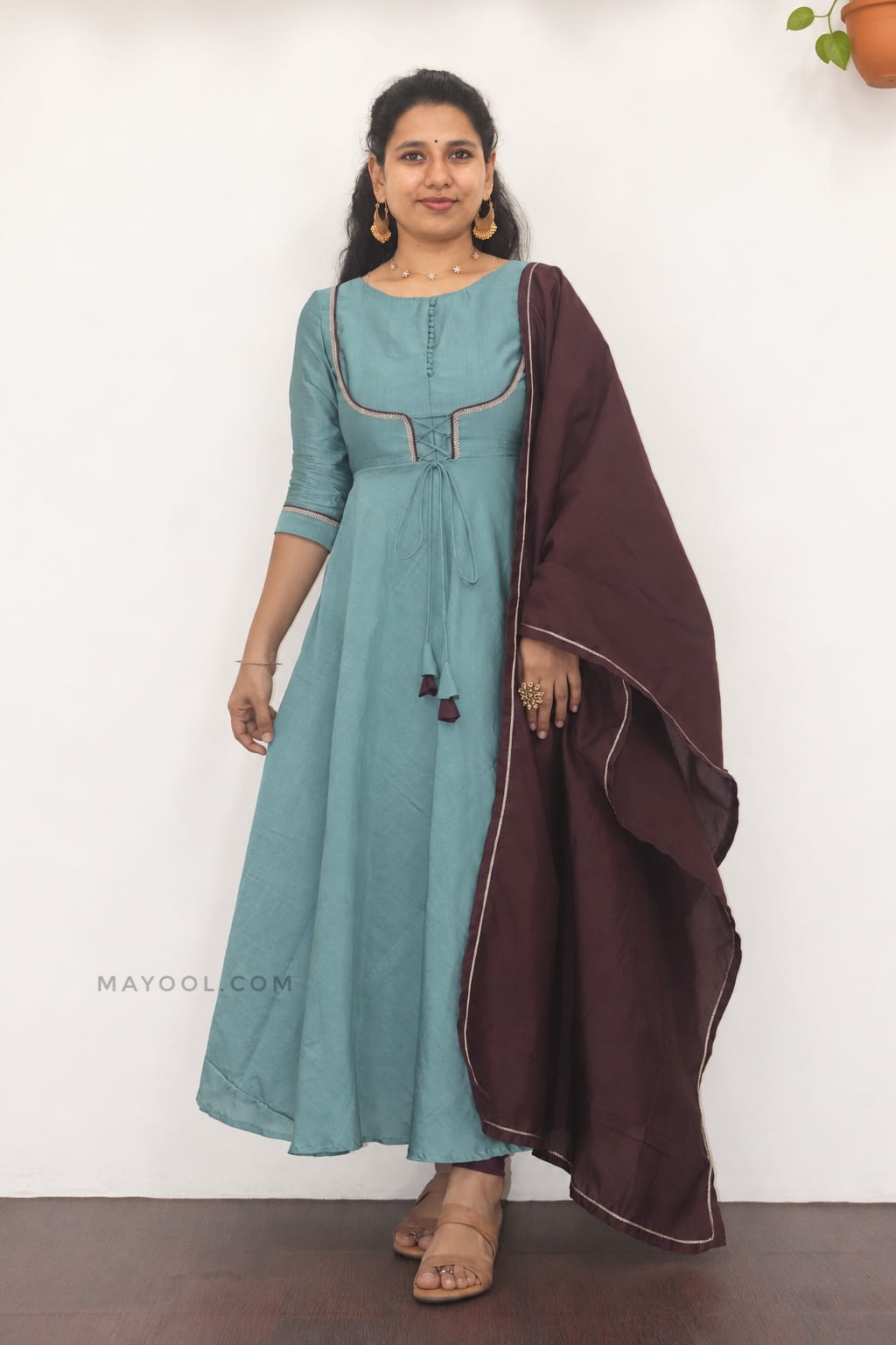 Muted Teal Silk Cotton Anarkali Dresses