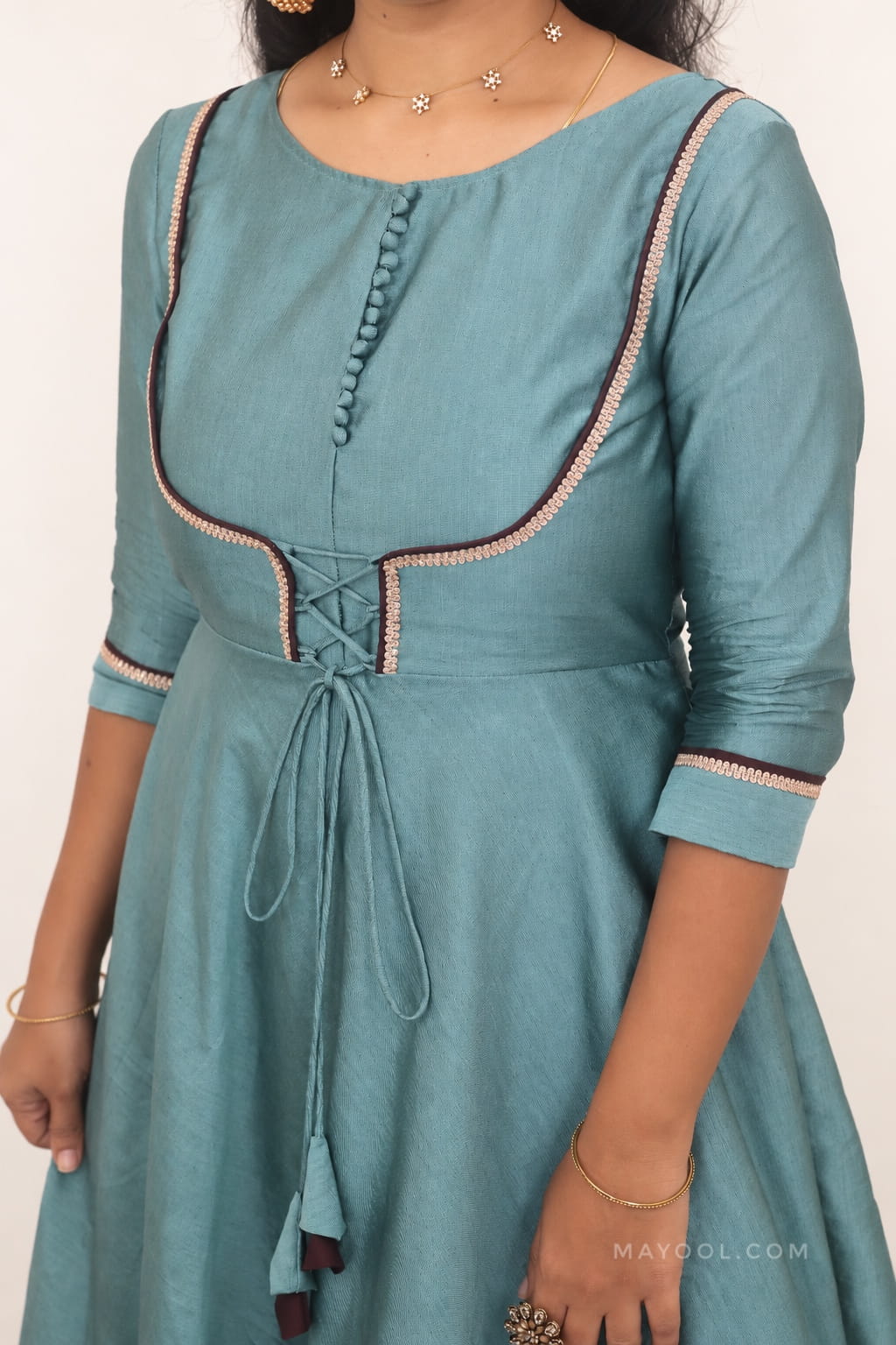 Muted Teal Silk Cotton Anarkali Dresses