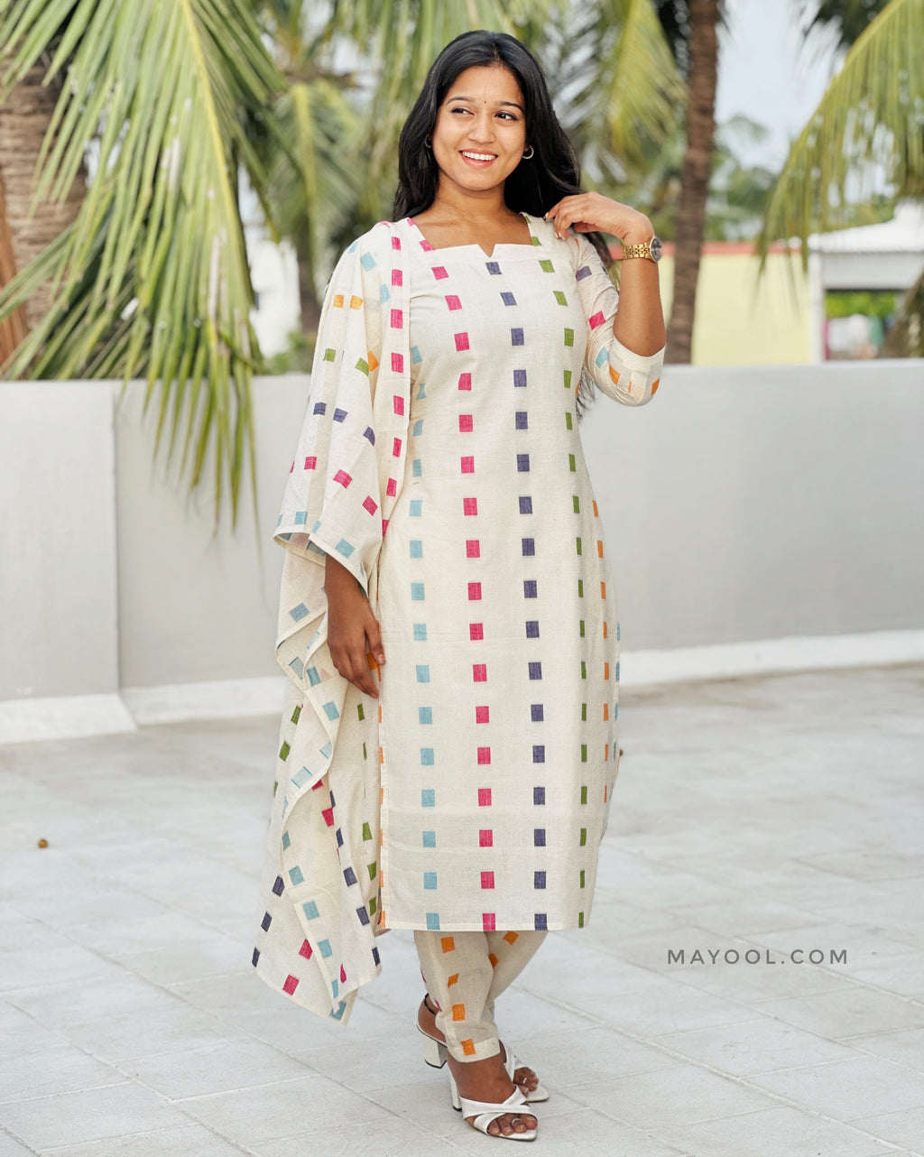 Off-White Multicolour Handloom Cotton Kurta