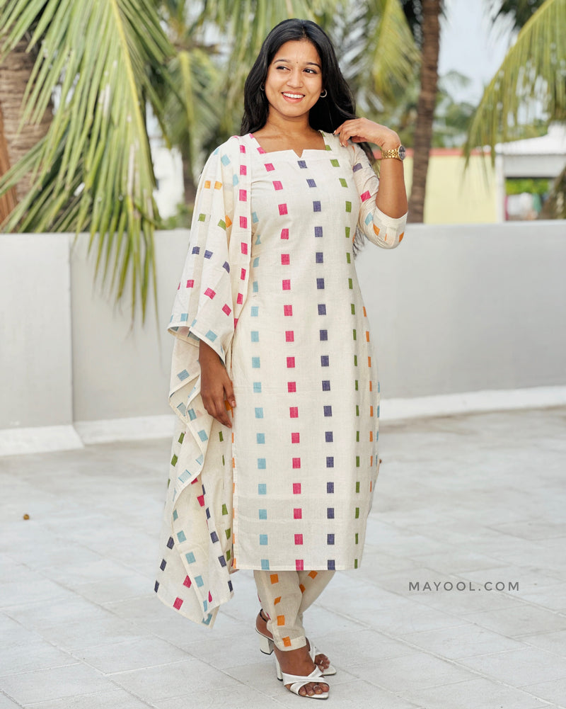 Off-White Multicolour Handloom Cotton Kurta