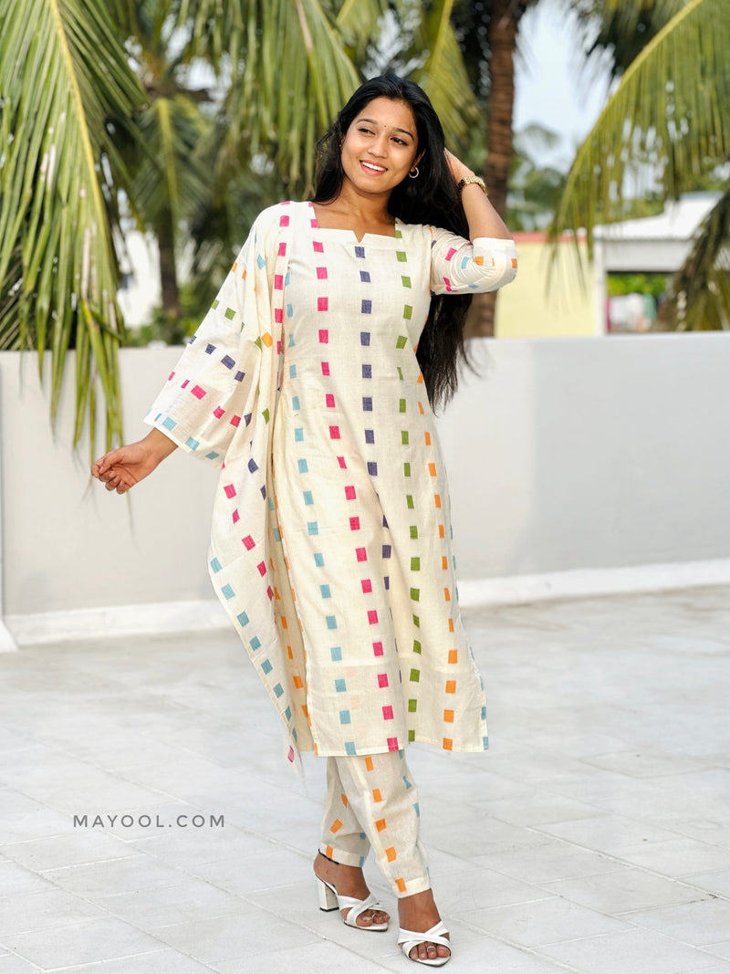 Off-White Multicolour Handloom Cotton Kurta