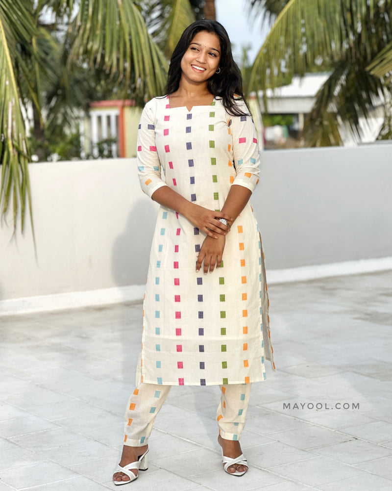 Off-White Multicolour Handloom Cotton Kurta