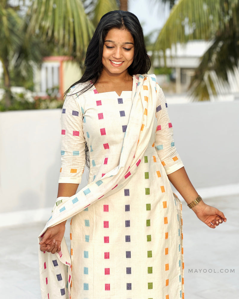 Off-White Multicolour Handloom Cotton Kurta