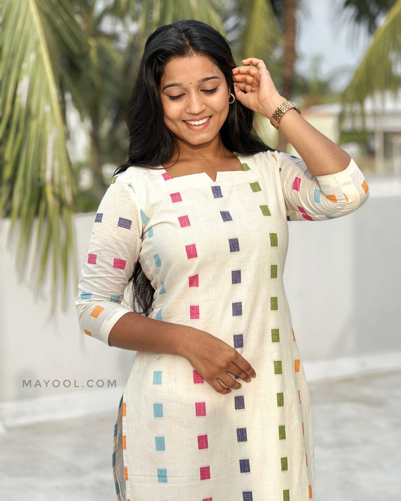 Off-White Multicolour Handloom Cotton Kurta