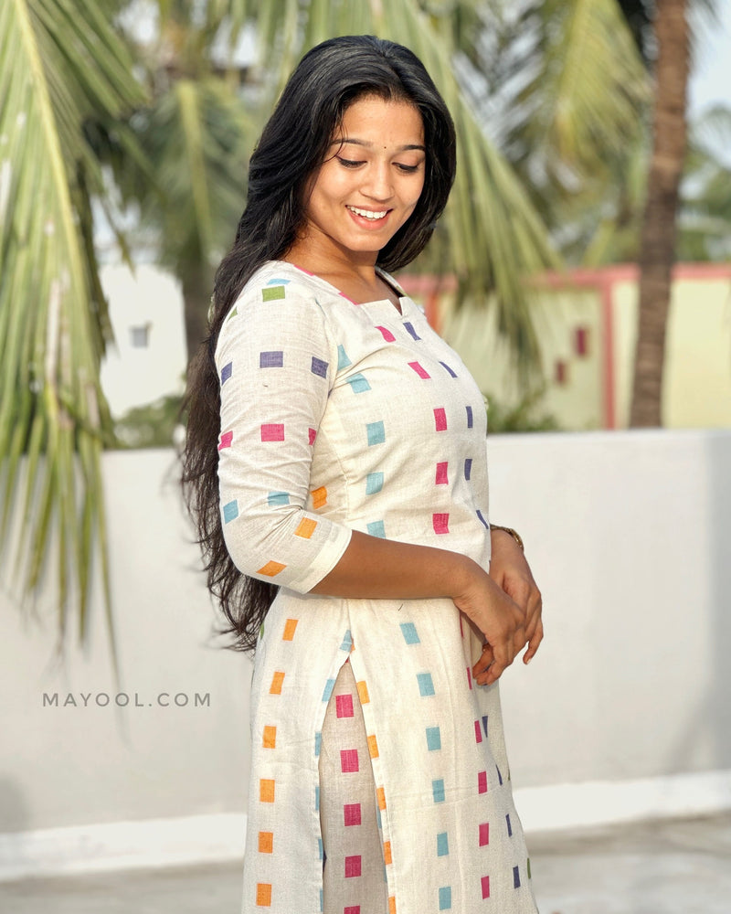 Off-White Multicolour Handloom Cotton Kurta