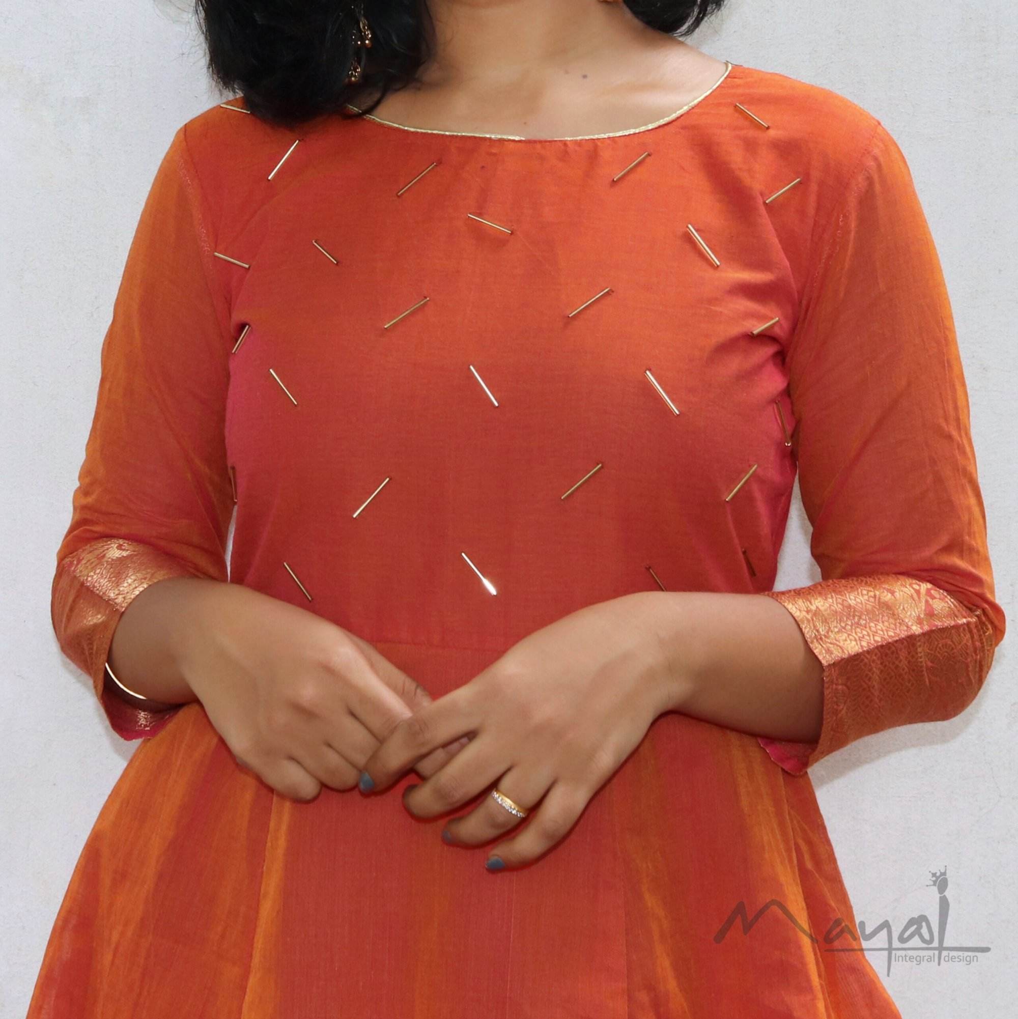Orange Chettinad Cotton Full Gown With Zari Border