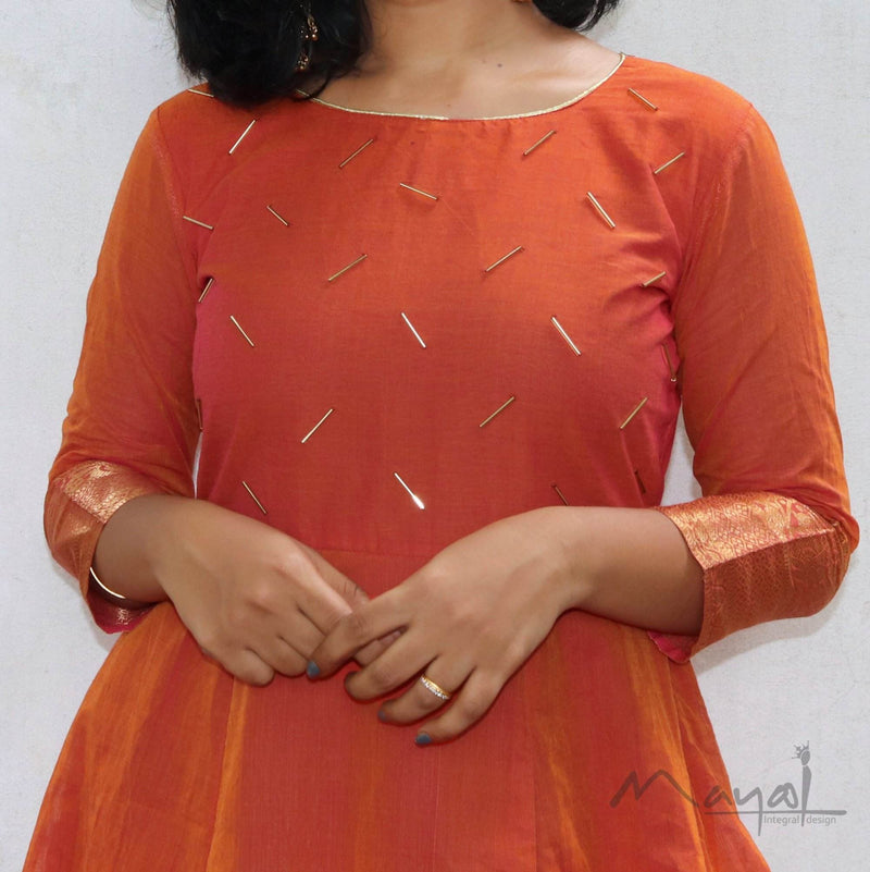 Orange Chettinad Cotton Full Gown With Zari Border