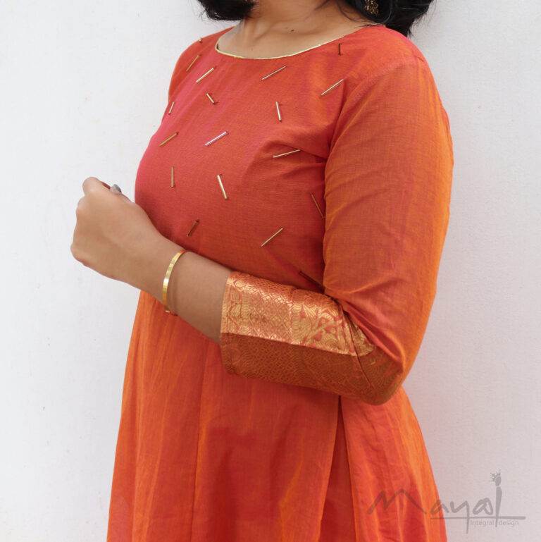 Orange Chettinad Cotton Full Gown With Zari Border
