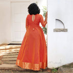 Orange Chettinad Cotton Full Gown With Zari Border