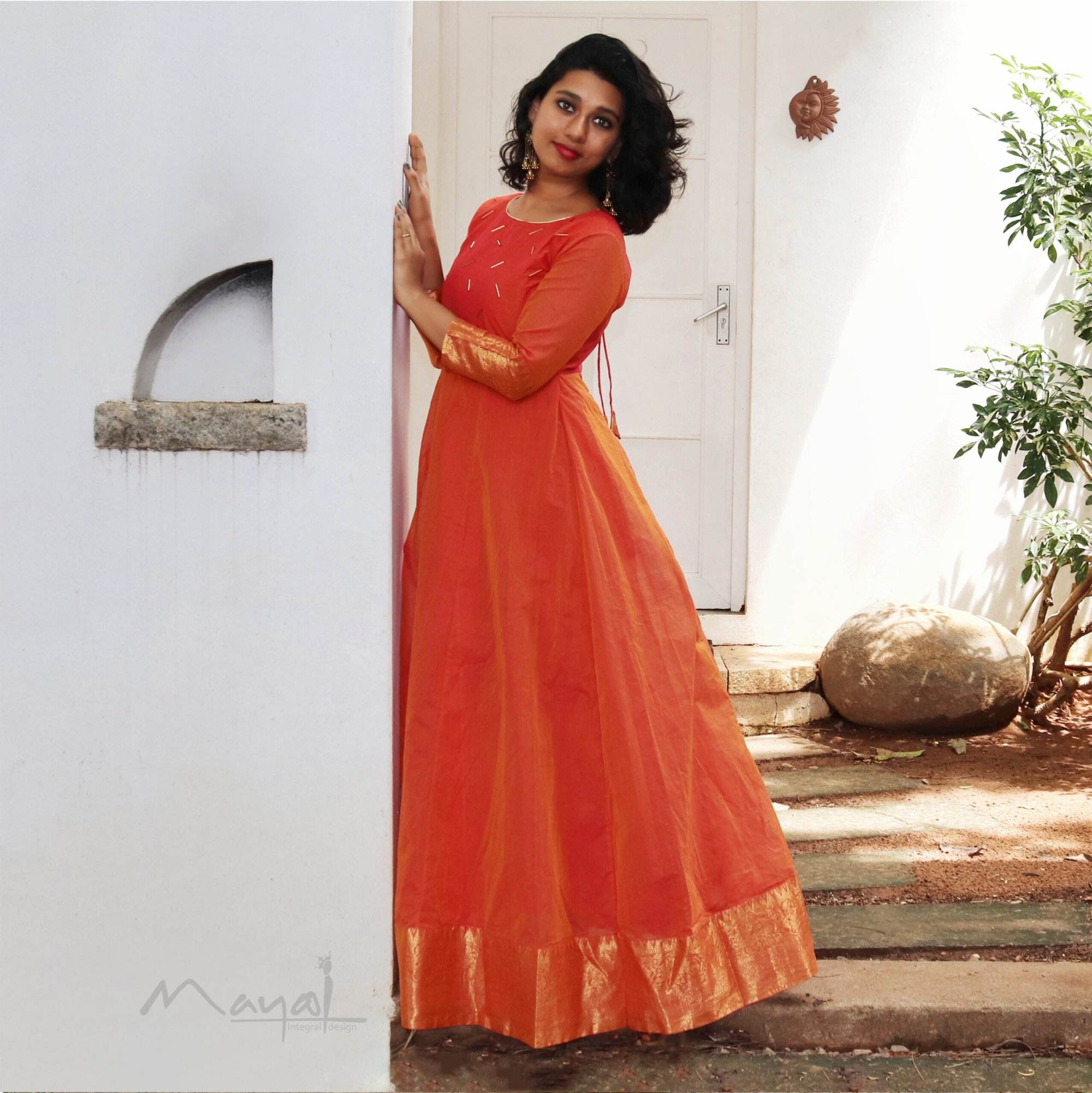 Orange Chettinad Cotton Full Gown With Zari Border