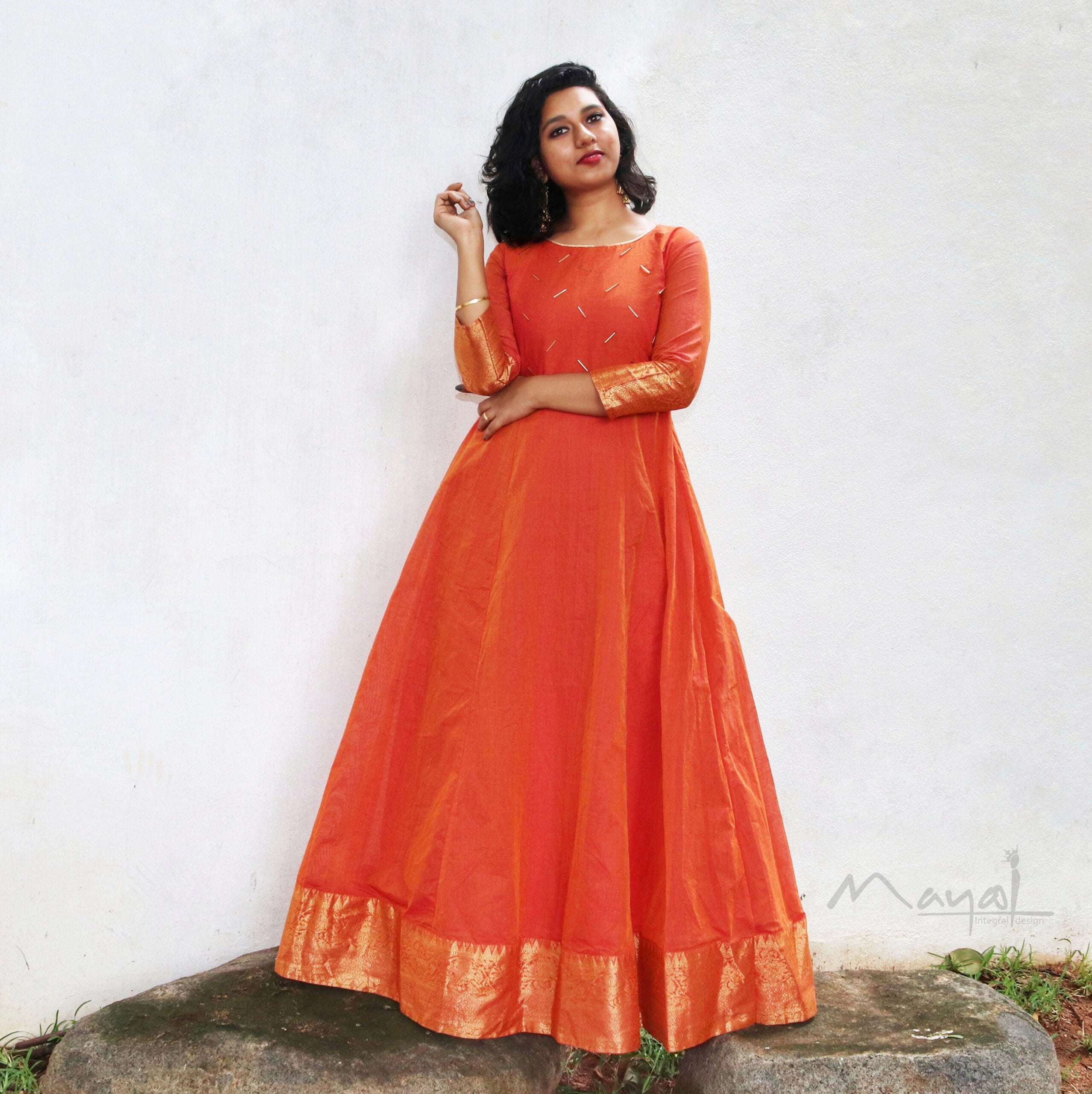 Orange Chettinad Cotton Full Gown With Zari Border