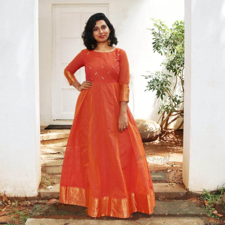 Orange Chettinad Cotton Full Gown With Zari Border