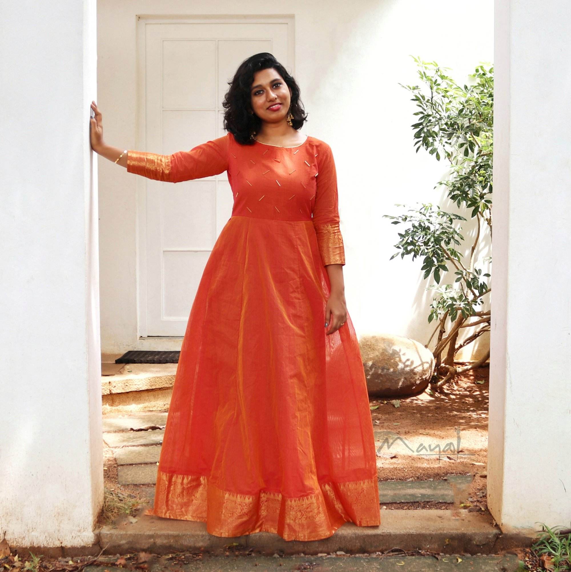 Orange Chettinad Cotton Full Gown With Zari Border