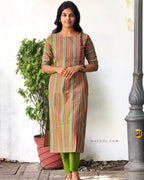 Orange Green Stripe Multicolour Cotton Kurta
