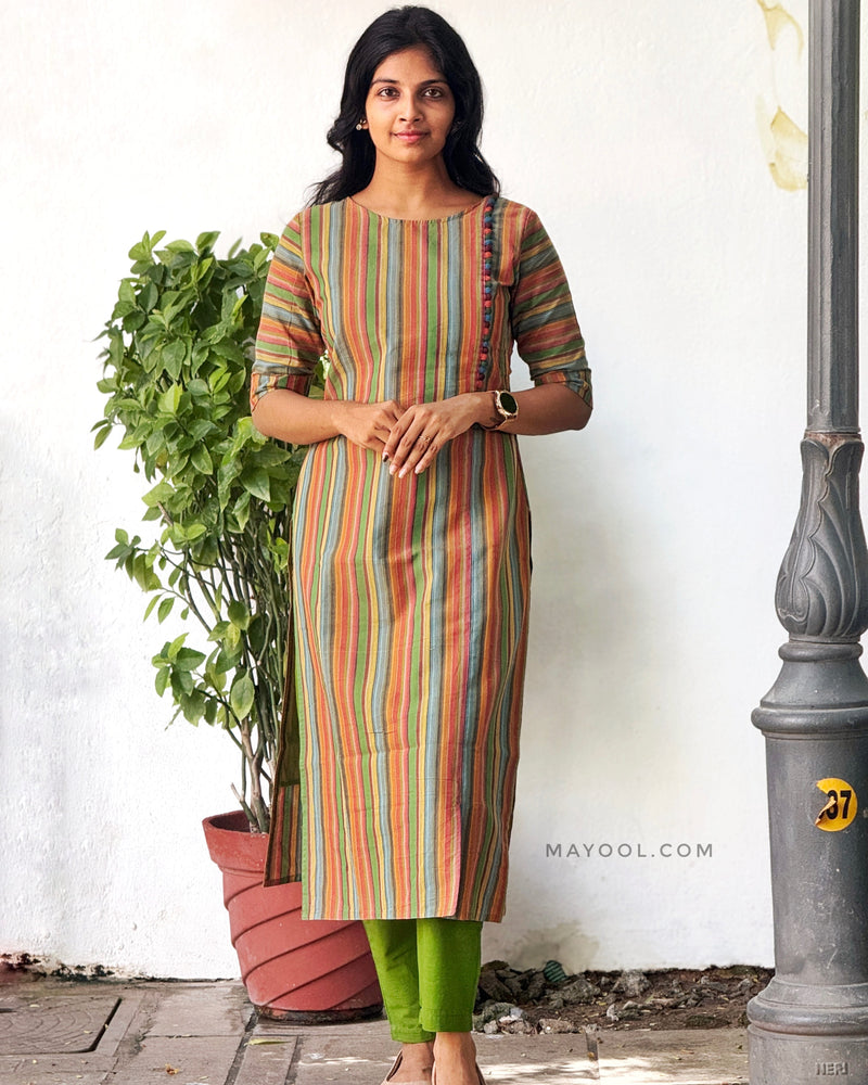 Orange Green Stripe Multicolour Cotton Kurta