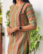 Orange Green Stripe Multicolour Cotton Kurta