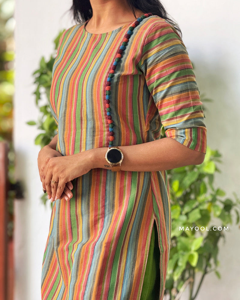 Orange Green Stripe Multicolour Cotton Kurta