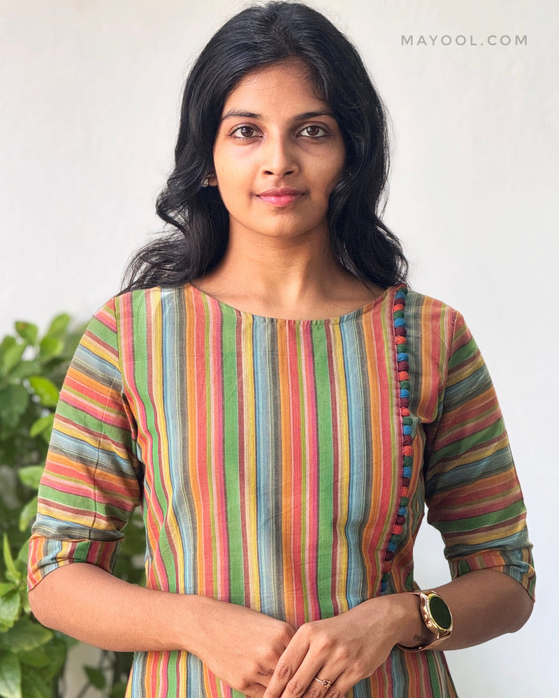 Orange Green Stripe Multicolour Cotton Kurta